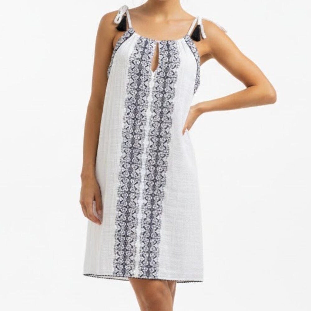 Hale Bob White and Black Embroidered Cotton Voile Sleeveless Boho Dress XS